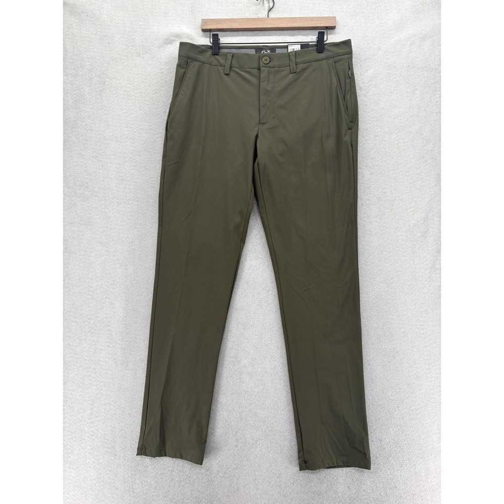 FLX Premium Chino Pants Mens 34x32 Green Slim Fit Stretch Flat Front Travel Golf